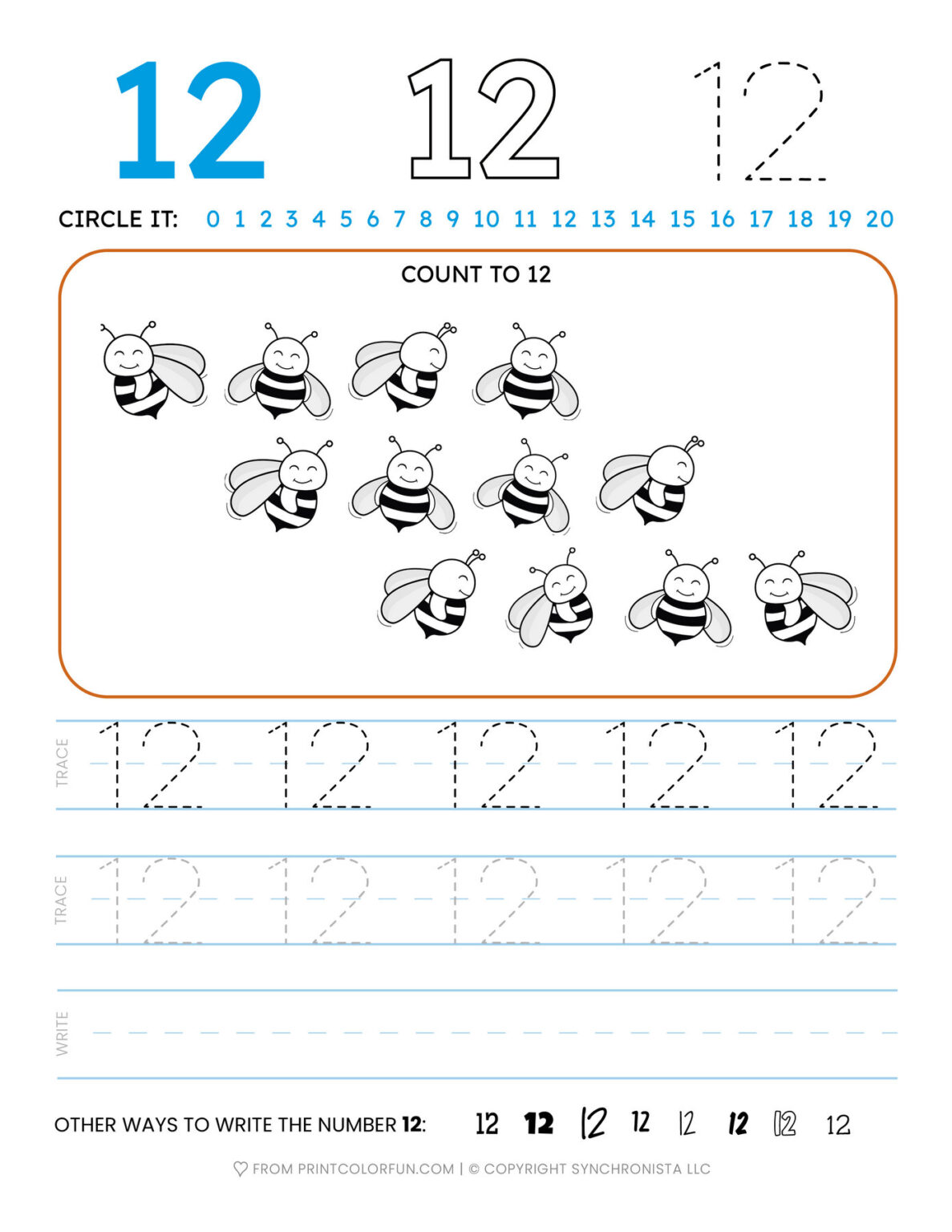 Tracing the number printable activity sheets from 1 to 20, at