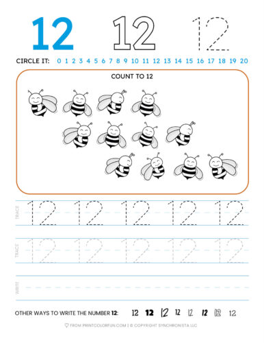 Tracing the number 12 printable page at PrintColorFun com