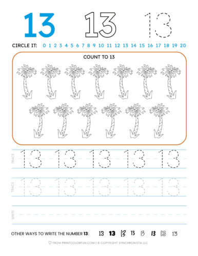 Tracing the number 13 printable page at PrintColorFun com