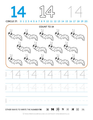 Tracing the number 14 printable page at PrintColorFun com