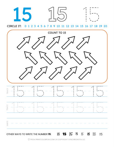 Tracing the number 15 printable page at PrintColorFun com