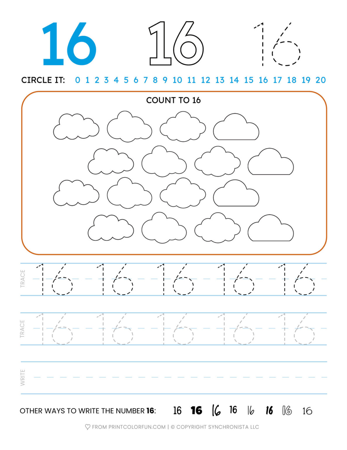 Tracing the number printable activity sheets from 1 to 20, at
