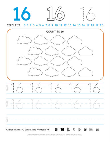 Tracing the number 16 printable page at PrintColorFun com