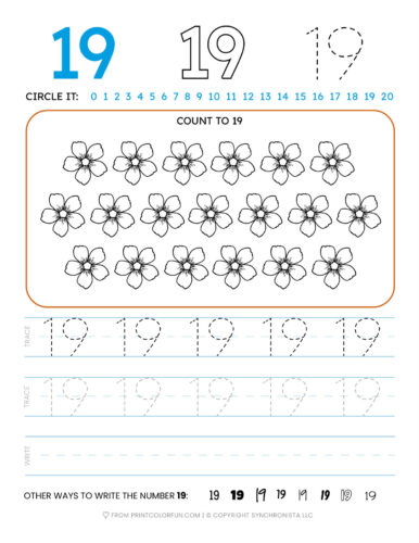 Tracing the number 19 printable page at PrintColorFun com