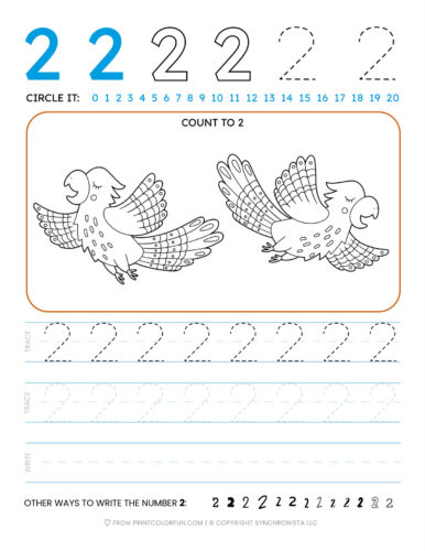 Tracing the number 2 printable page at PrintColorFun com