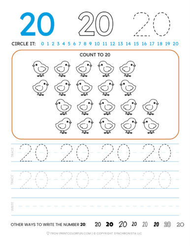 Tracing the number 20 printable page at PrintColorFun com