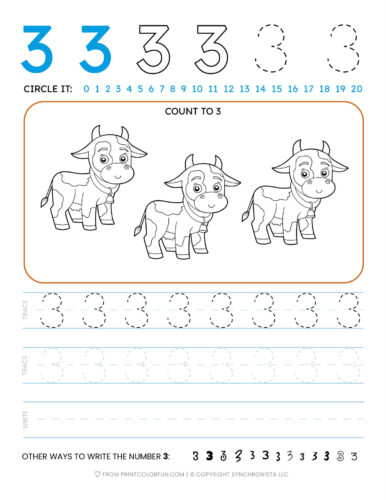Tracing the number 3 printable page at PrintColorFun com