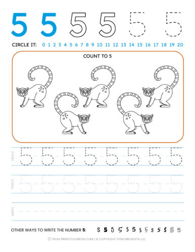 Tracing the number 5 printable page at PrintColorFun com
