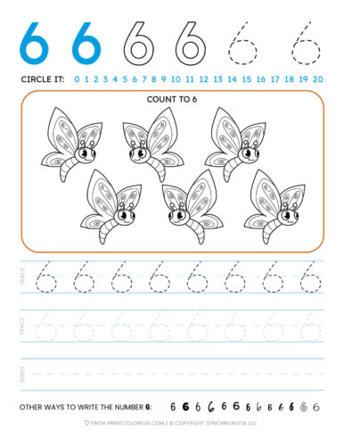Tracing the number 6 printable page at PrintColorFun com