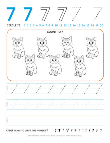 Tracing the number 7 printable page at PrintColorFun com