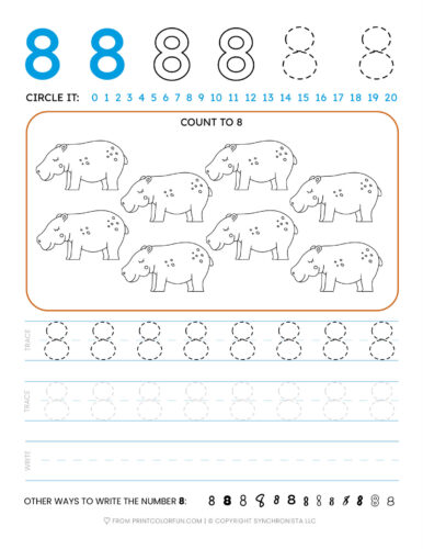 Tracing the number 8 printable page at PrintColorFun com