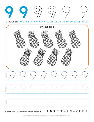 Tracing the number 9 printable page at PrintColorFun com