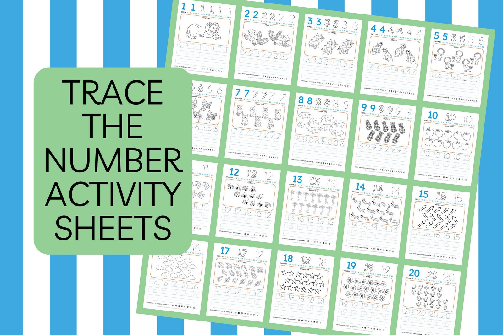 Tracing the number printable activity sheets 1 to 20 at PrintColorFun com