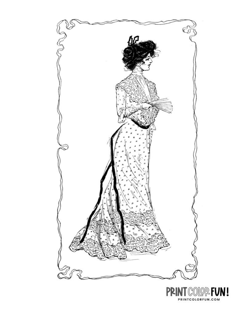 Victorian dresses: 14 coloring pages of beautiful 1900s fashion for women, at PrintColorFun.com