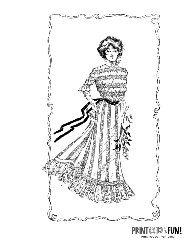 Victorian dresses: 14 coloring pages of beautiful 1900s fashion for women, at PrintColorFun.com