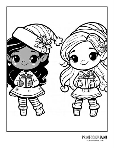 Two cute girl elves with Christmas gifts coloring page at PrintColorFun com