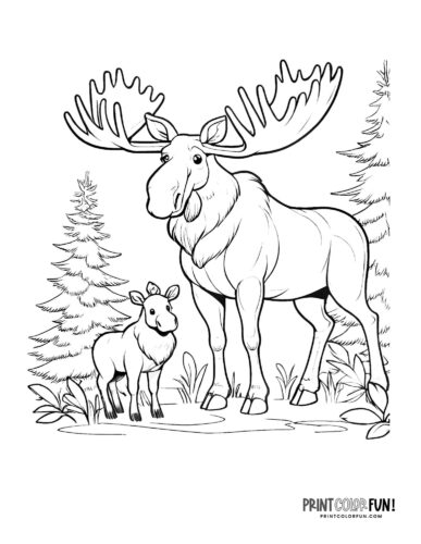 Two cute moose coloring page - PrintColorFun com