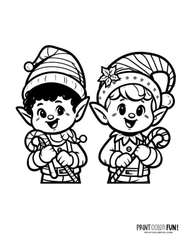 Two elves with candy canes coloring page at PrintColorFun com