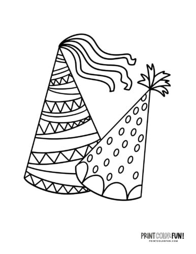 Two festive party hats coloring page clipart from PrintColorFun com