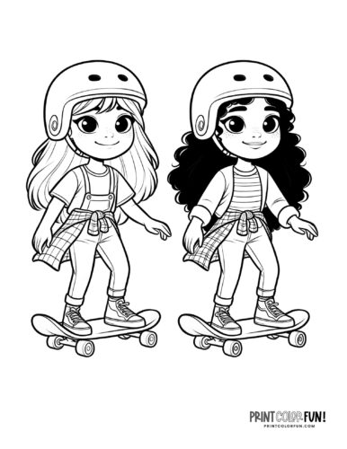 Two girls skateboarding coloring page from PrintColorFun com