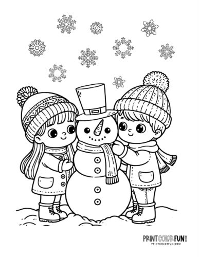 Two kids happy to make a snowman together - Snowman coloring page from PrintColorFun com