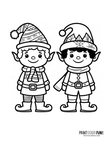 Santa's elves clipart: Two sweet little Christmas elves coloring page at PrintColorFun com