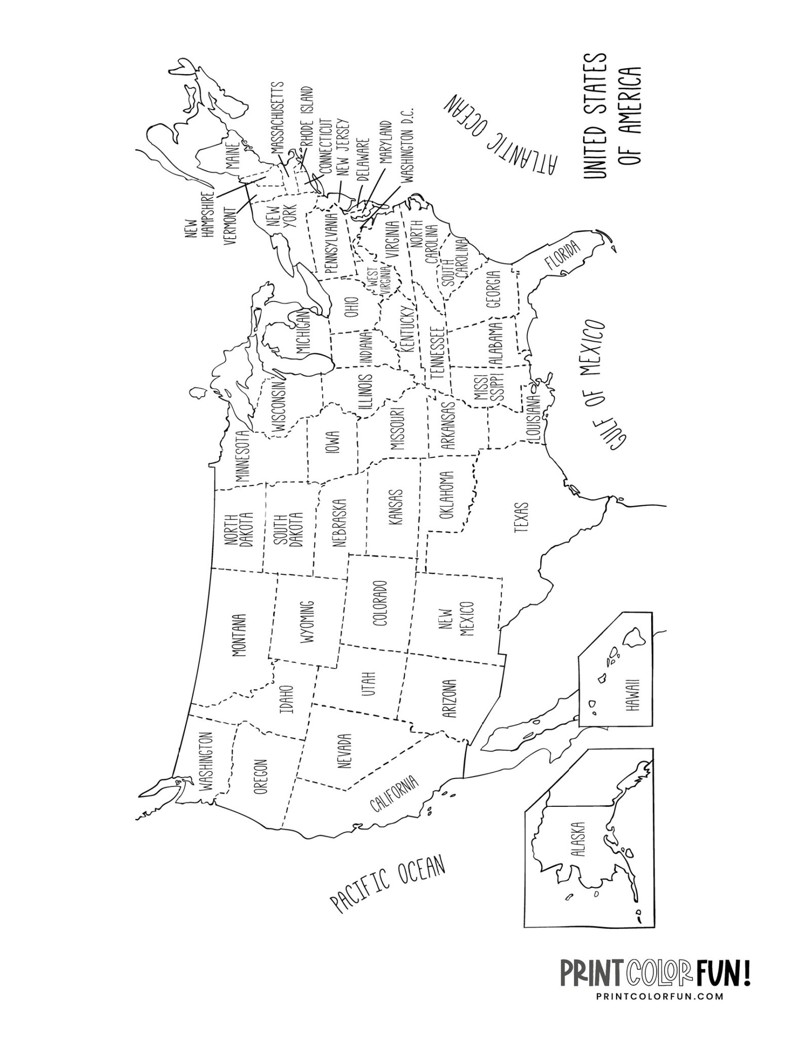 US maps to print and color - includes state names, at PrintColorFun.com