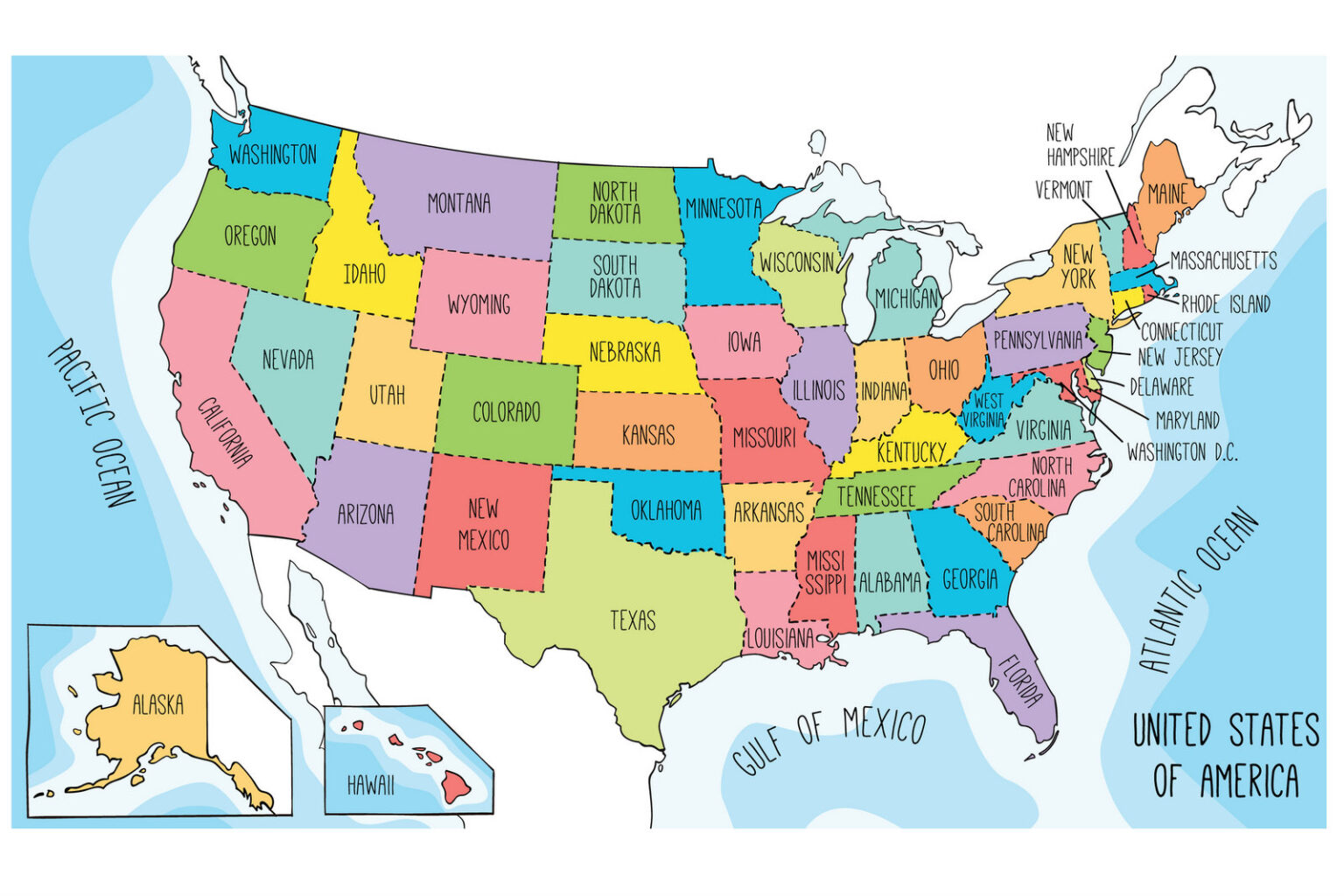 US maps to print and color includes state names at PrintColorFun com