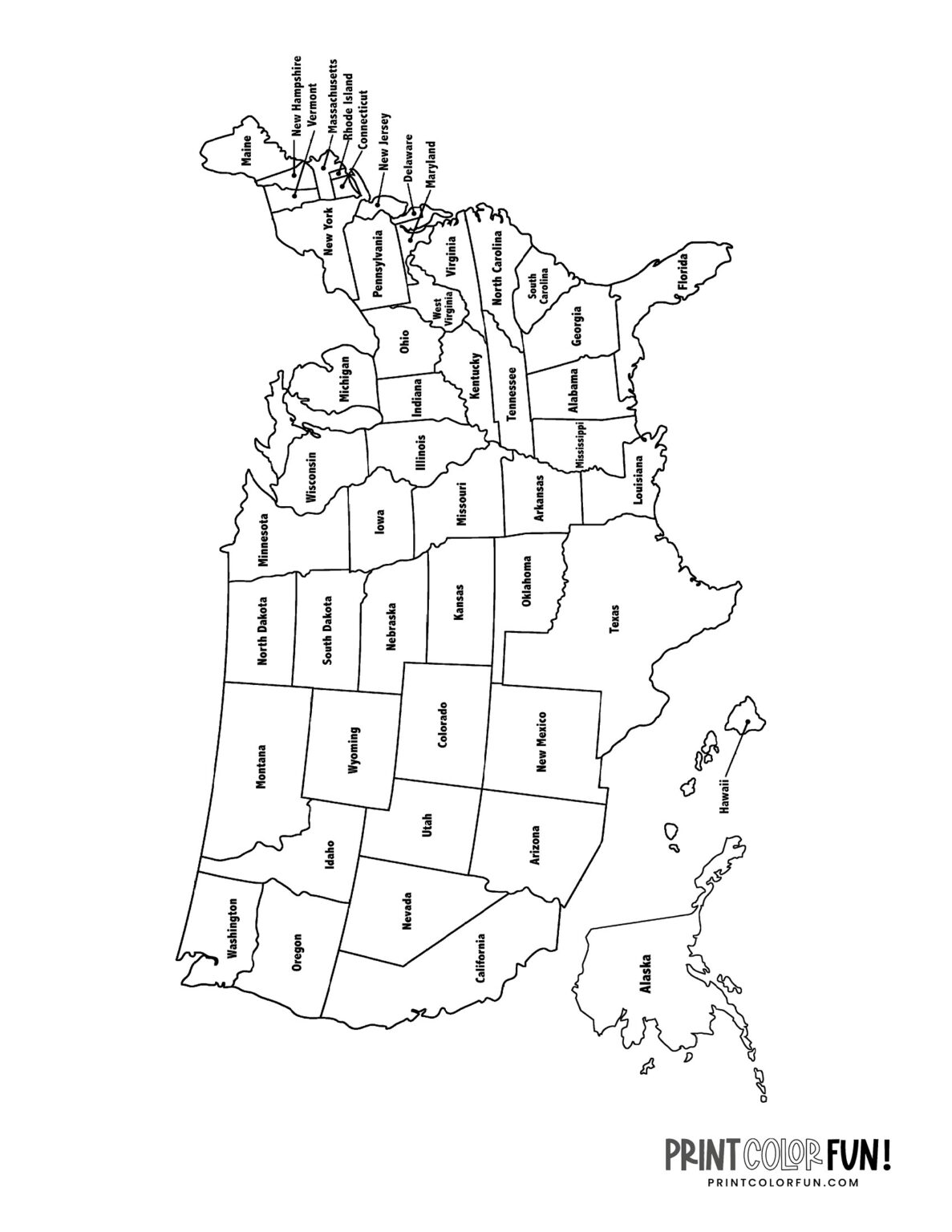 US maps to print and color - includes state names, at PrintColorFun.com