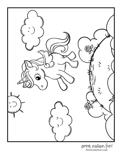 Unicorn coloring page - In the clouds