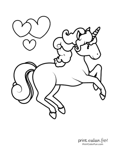 Leaping unicorn with hearts coloring page