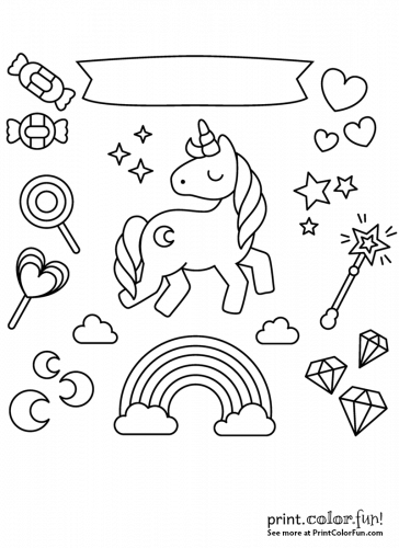 Unicorn with rainbow, stars and candy - Print Color Fun!