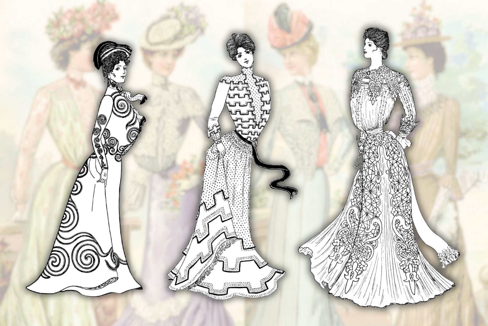 Victorian dresses coloring pages of graceful 1900s fashion for women