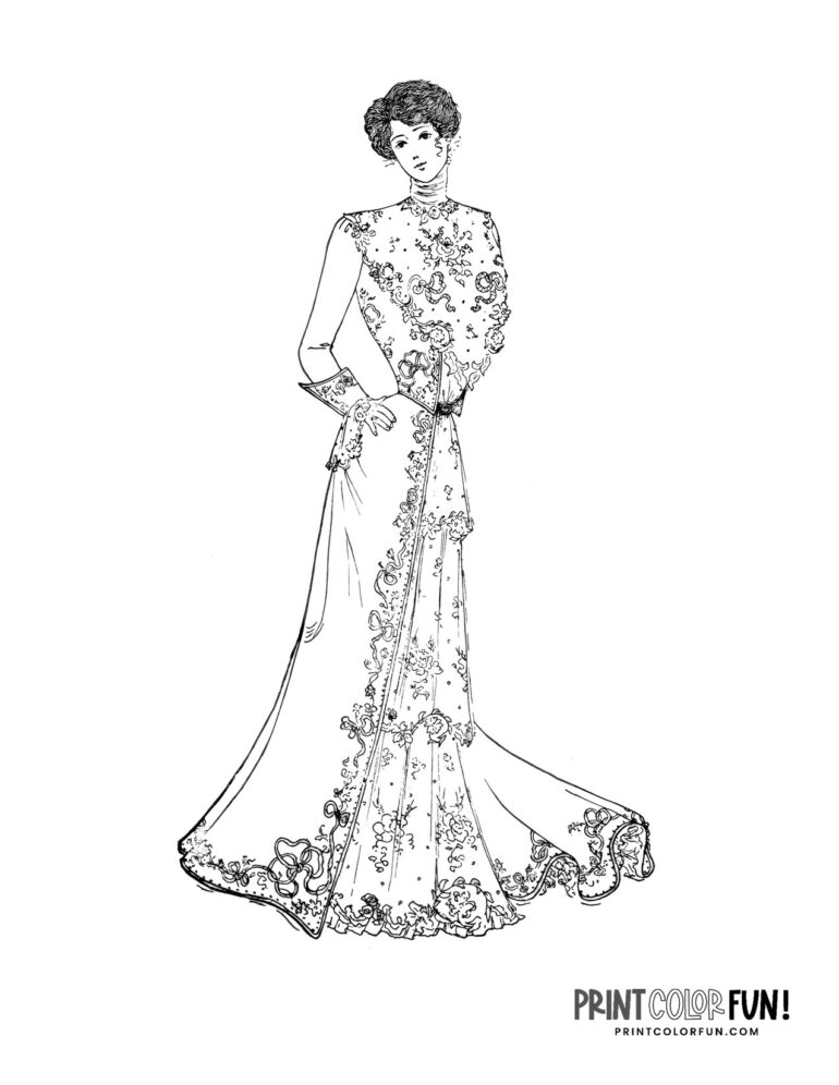 Victorian dresses: 14 coloring pages of beautiful 1900s fashion for ...
