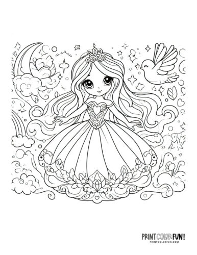 Whimsical fantasy princess coloring page from PrintColorFun com