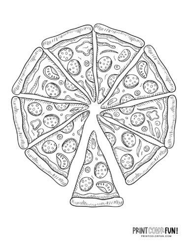 Pizza coloring pages: Slices & whole pizza pies, at PrintColorFun.com