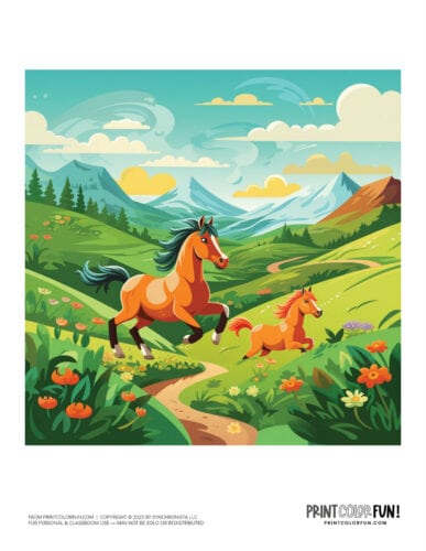Wild horses scene color clipart from PrintColorFun com 1