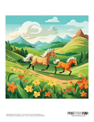 Wild horses scene color clipart from PrintColorFun com 2