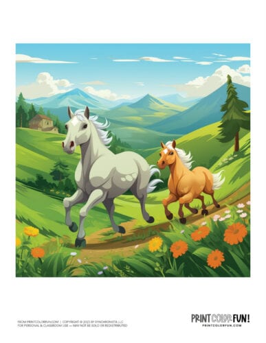 Wild horses scene color clipart from PrintColorFun com 3