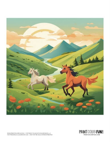 Wild horses scene color clipart from PrintColorFun com 4