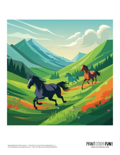 Wild horses scene color clipart from PrintColorFun com 6