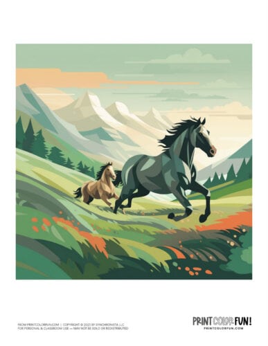 Wild horses scene color clipart from PrintColorFun com 7