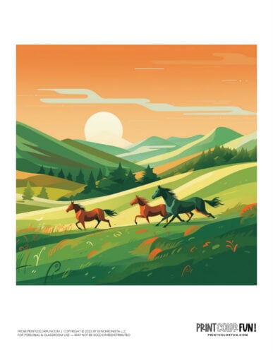 Wild horses scene color clipart from PrintColorFun com 8