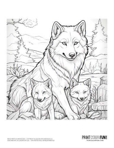 Wolf with cubs coloring page drawing from PrintColorFun com (1)