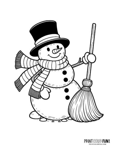 Wonderful snowman with hat, broom and scarf coloring page from PrintColorFun com