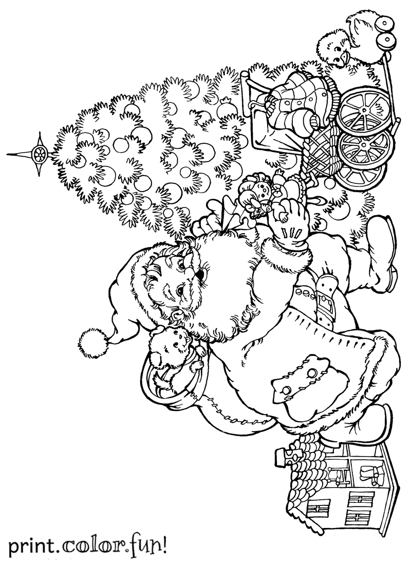 Santa putting presents under the Christmas tree coloring 